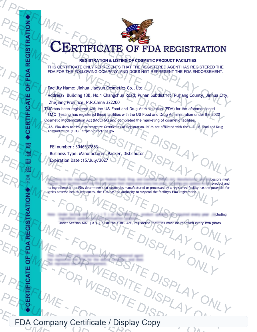FDA company certificate display copy for Songzi Perfume