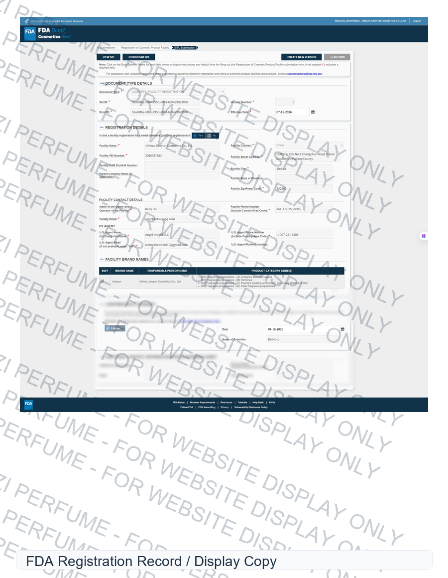 FDA registration record display copy for Songzi Perfume