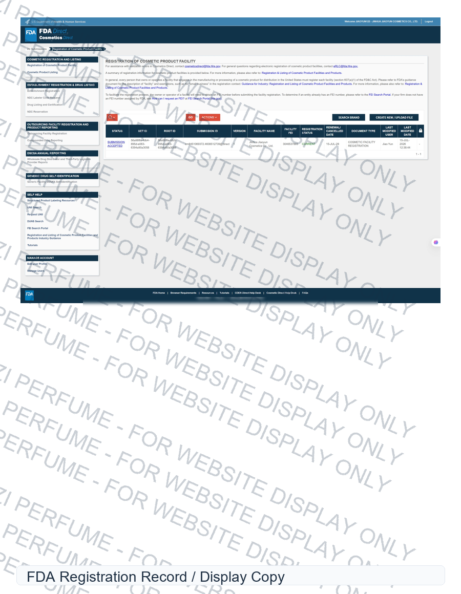 FDA registration record document display copy for Songzi Perfume