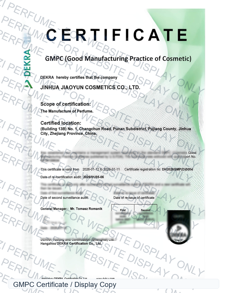 GMPC certificate display copy for Songzi Perfume